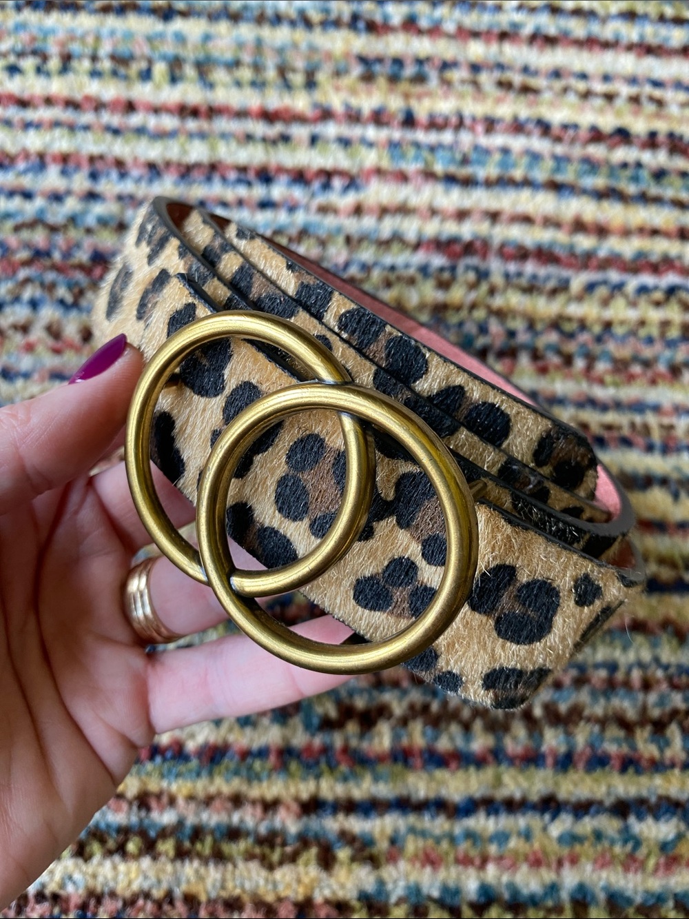 Leopard Print Double-Ring Leather Belt